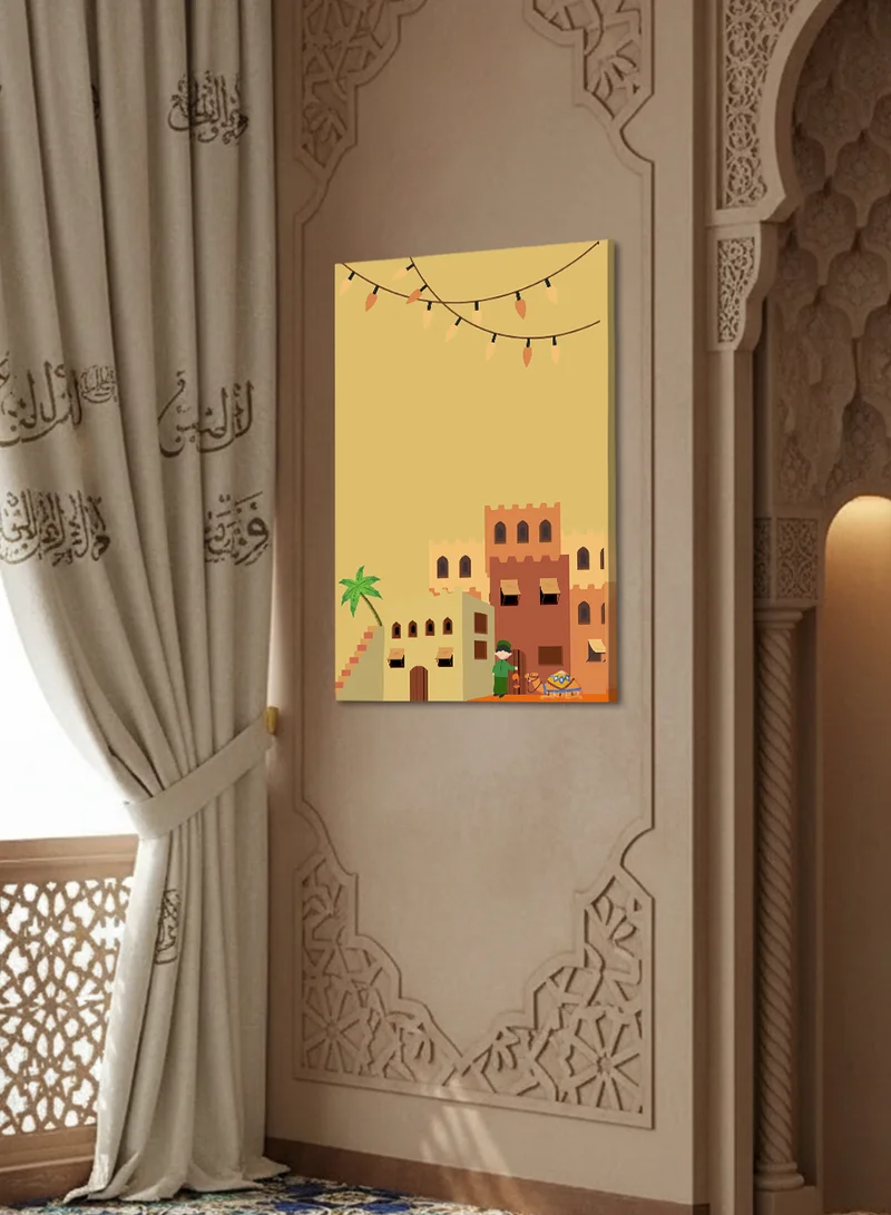 لوحة لوحة كانفاس على إطار خشبي بتصميم صبي يحمل فانوس رمضان
